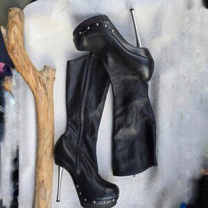 Kris K lambskin leather studded platform stiletto boots made in the usa